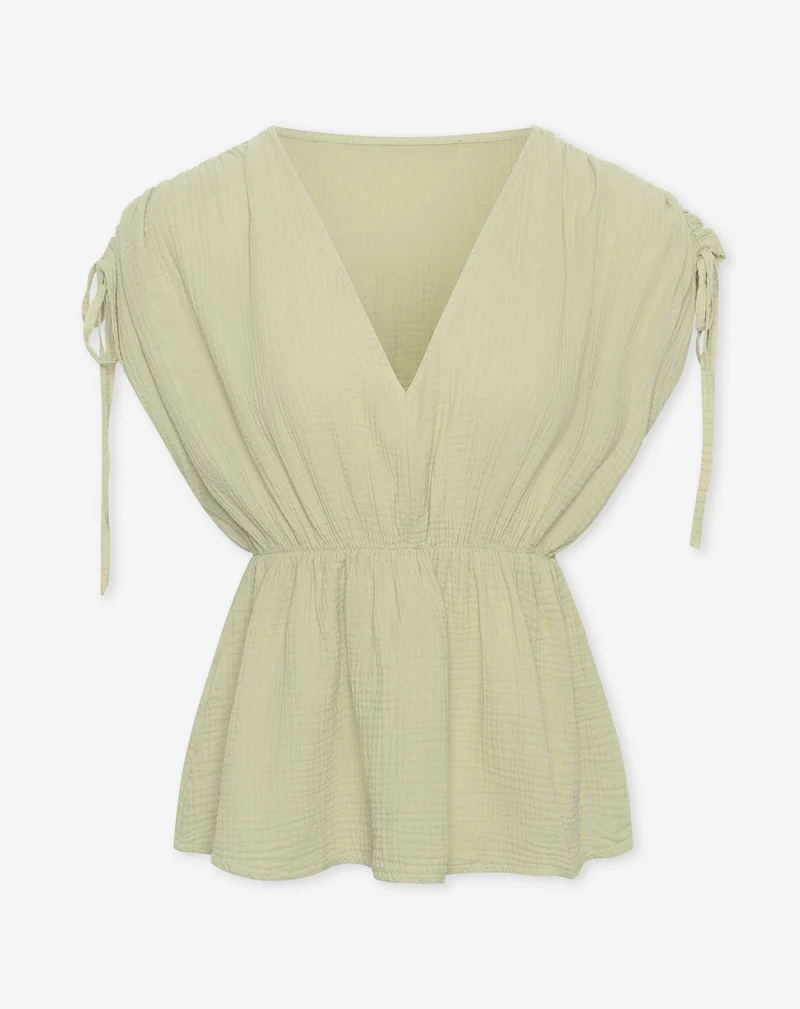 MOUSSELINE PEPLUM TOP LICHT OLIJFGROEN