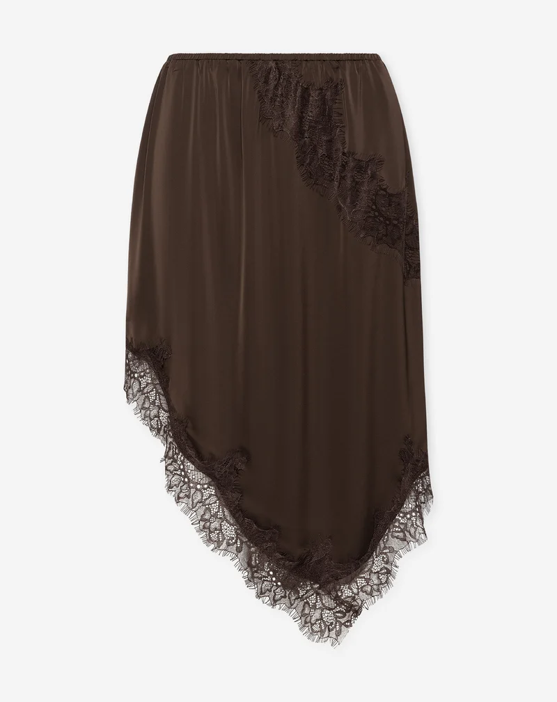 STACEY A-SYMMETRIC SATIN LACE SKIRT BRUIN