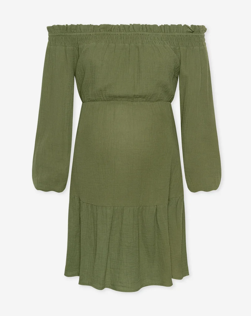 MOUSSELINE OFFSHOULDER MATERNITY DRESS OLIJFGROEN