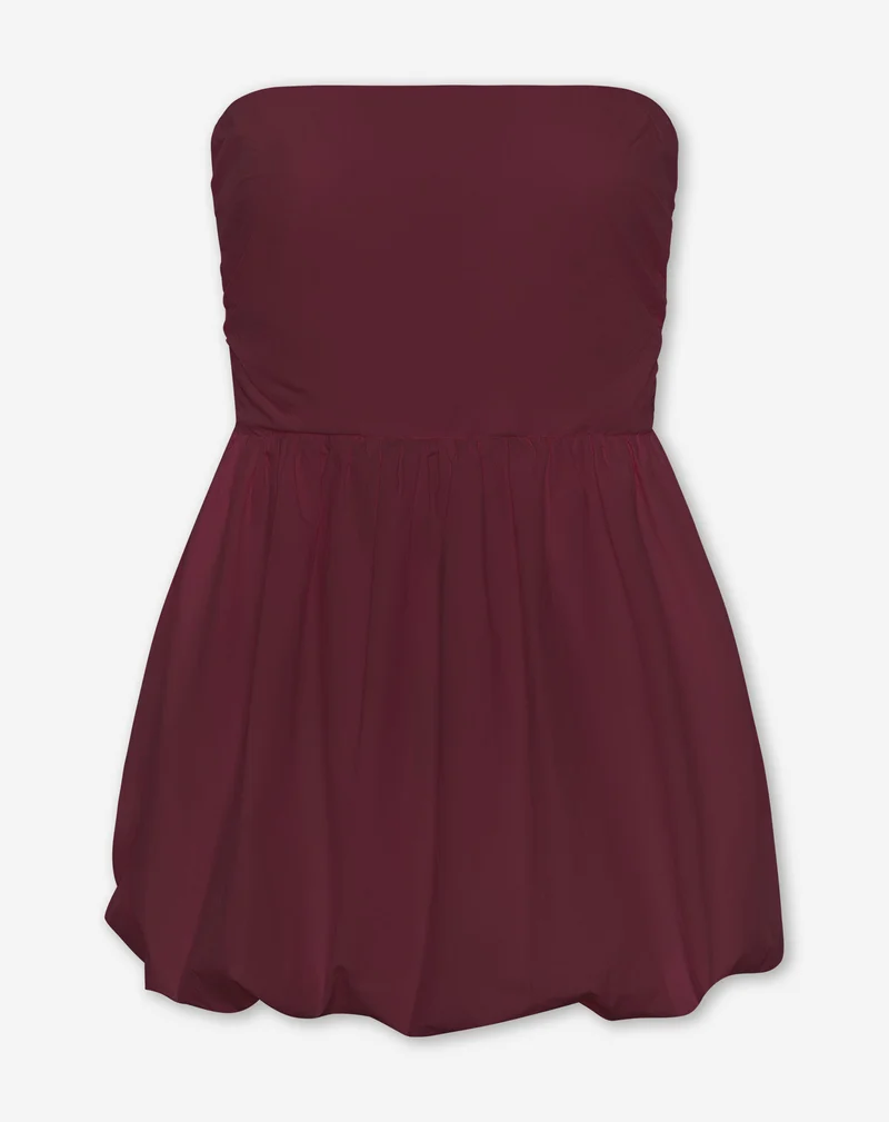 PEGGY POPLIN STRAPLESS BUBBLE HEM DRESS BURGUNDY