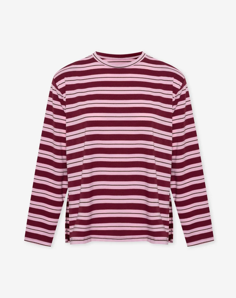STRIPE PADDED SHOULDER LONG SLEEVE TEE BURGUNDY
