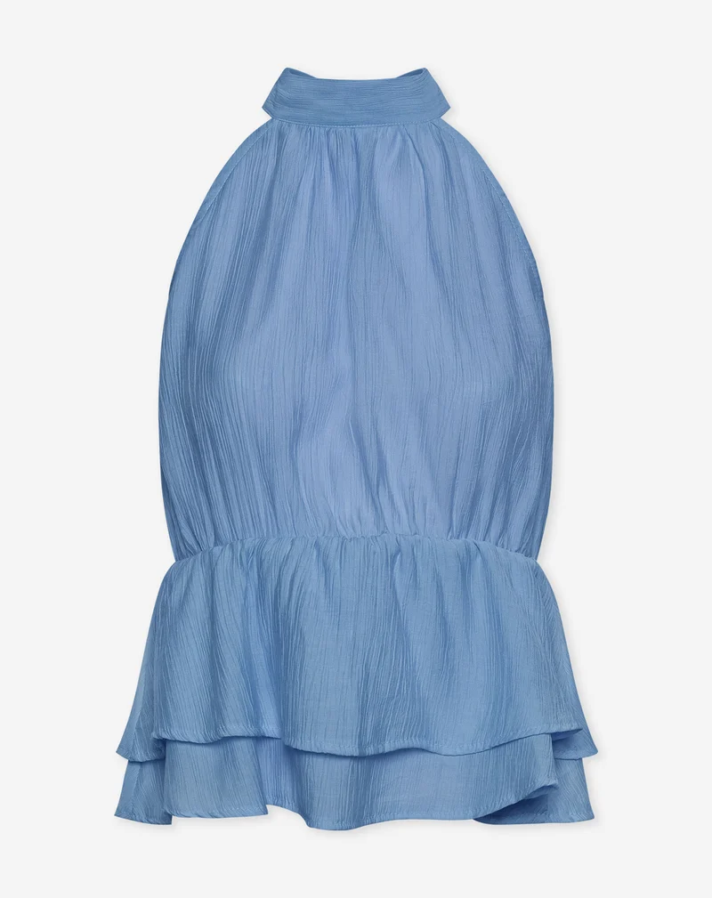HALLY RUFFLE HALTER TOP BLAUW