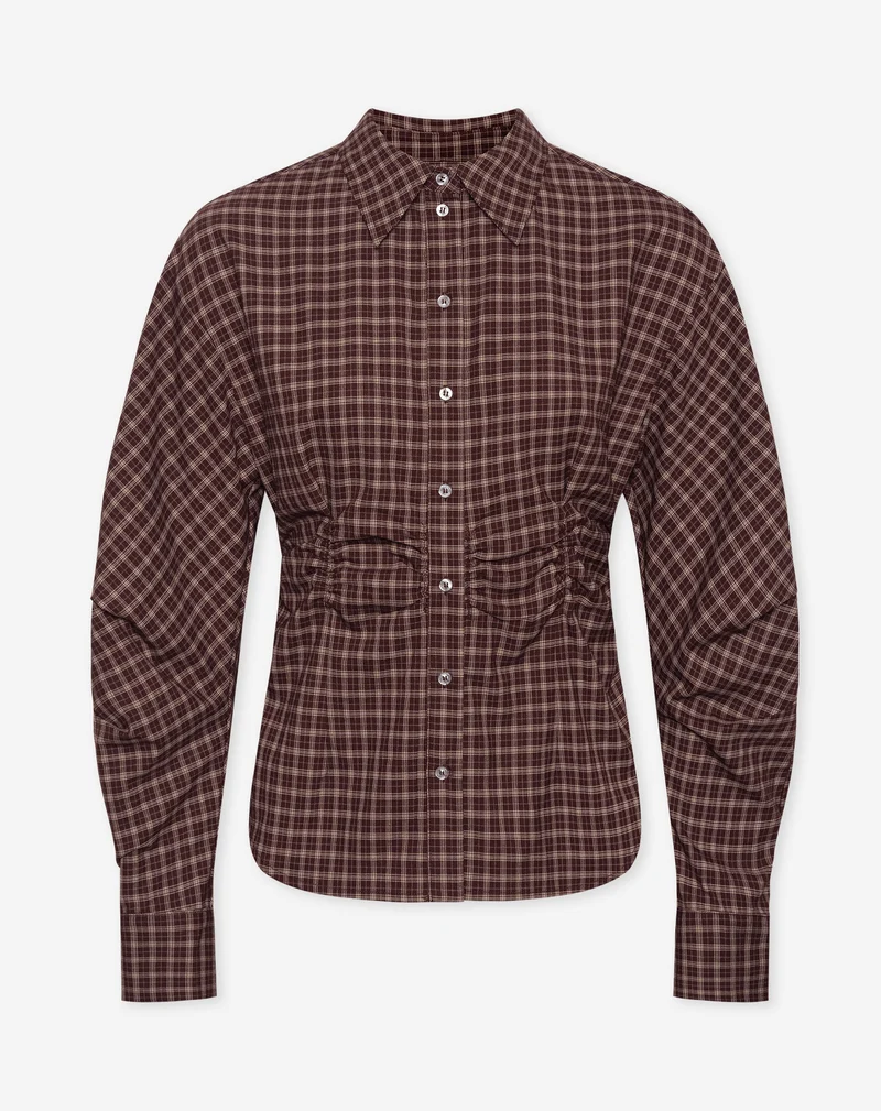 RAYA GATHERED WAIST CHECK BLOUSE BURGUNDY