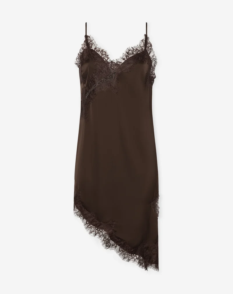 STACEY A-SYMMETRIC SATIN LACE SLIP DRESS BRUIN
