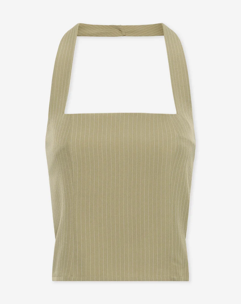 SELLAH HALTER TOP PIN STRIPE OLIJFGROEN