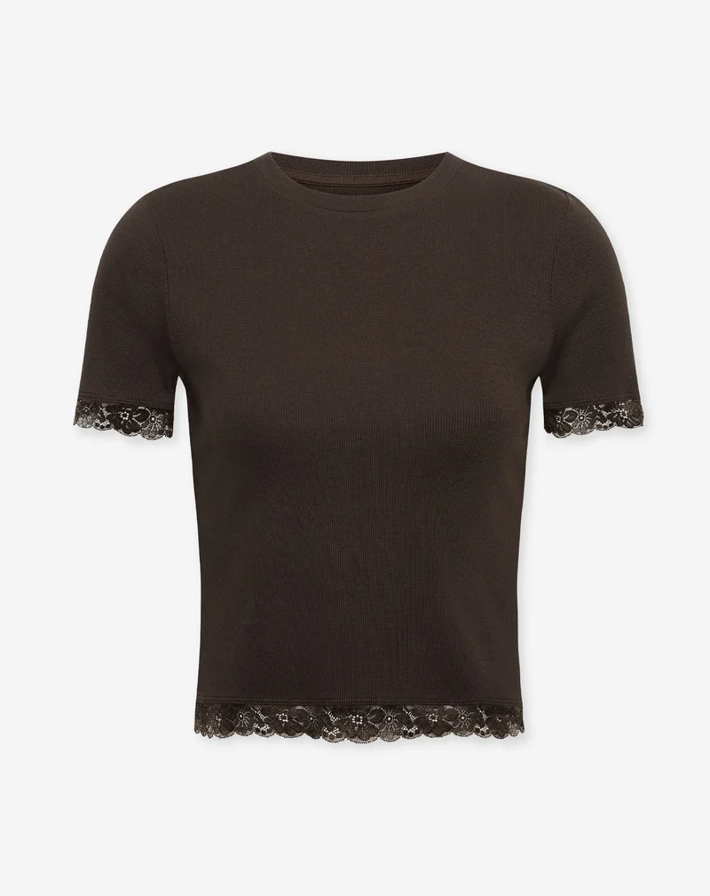 SHORT SLEEVE LACE TAPE RIB TOP DONKERBRUIN