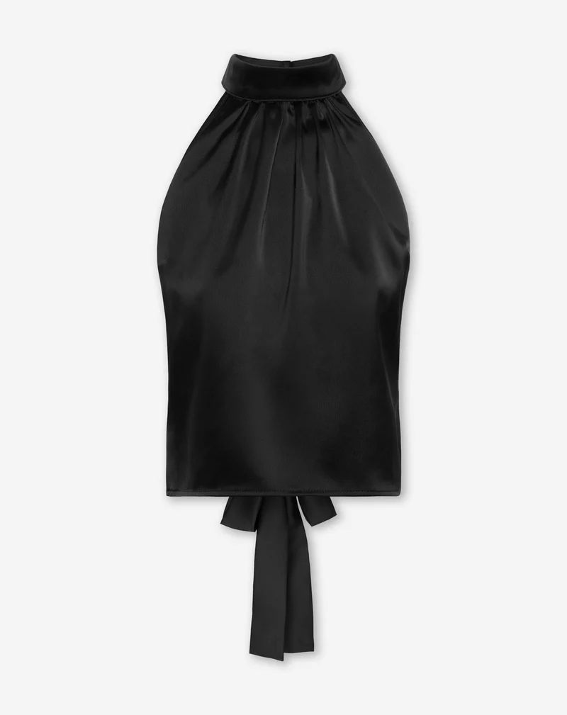 SATIN HALTER BOW TOP ZWART