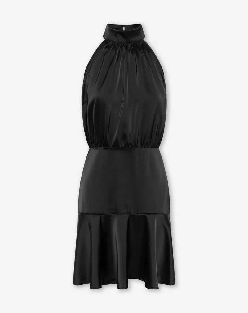 SATIN HALTER RUFFLE DRESS ZWART