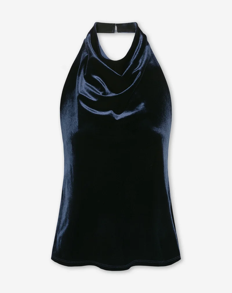 JULIE VELVET HALTER TOP MARINEBLAUW