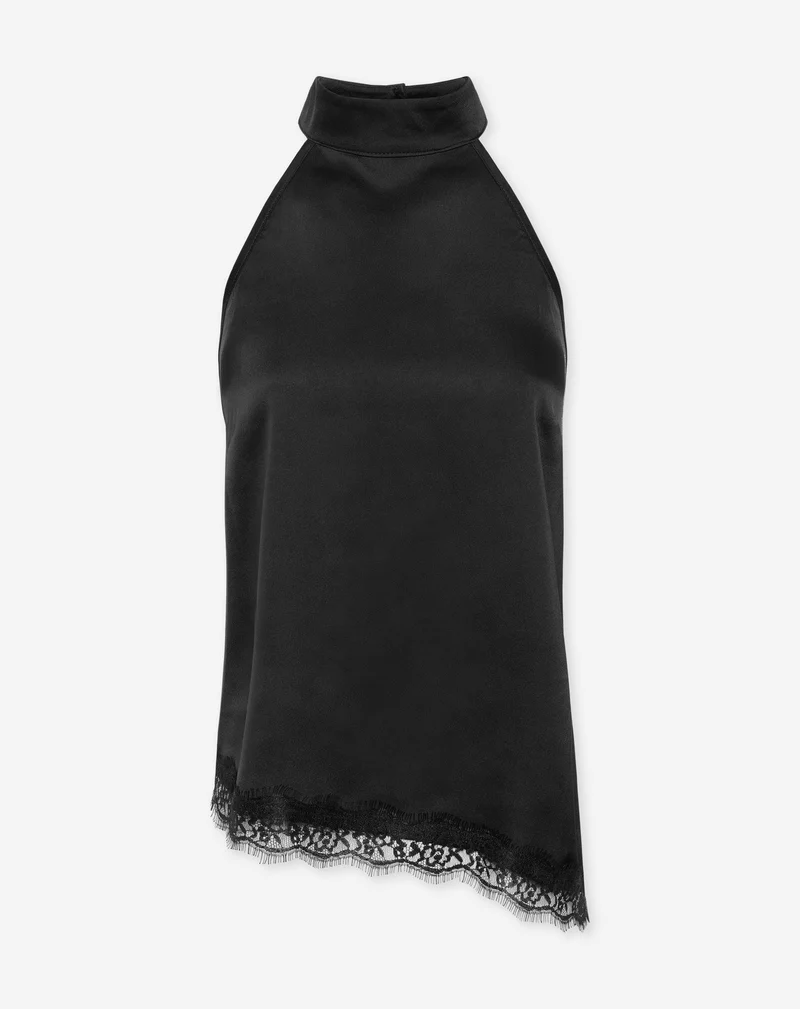 SATIN ASYMMETRIC HALTER LACE TOP ZWART