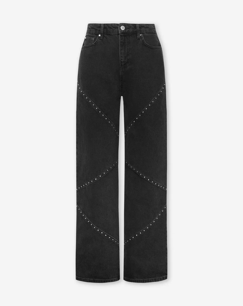 VICKY STUD WIDE LEG JEANS DONKERGRIJS