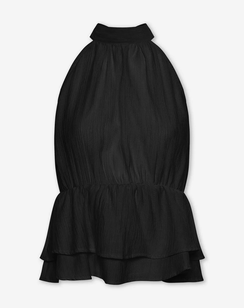 HALLY RUFFLE HALTER TOP ZWART