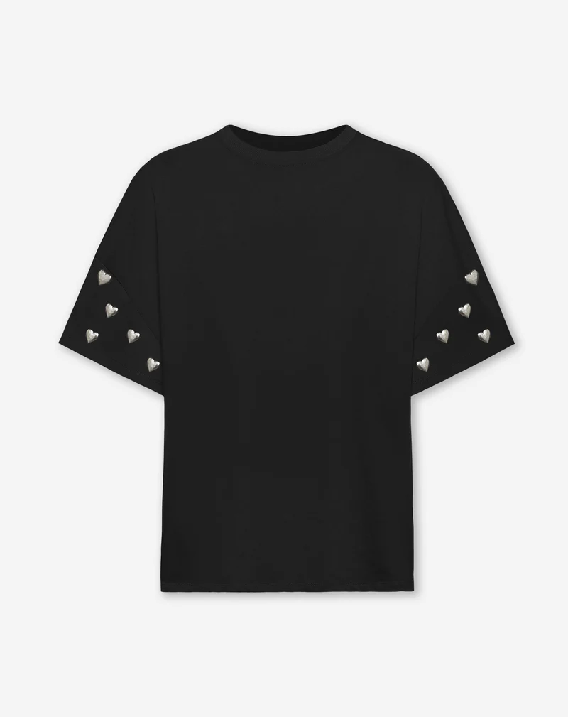 HEART STUD SLEEVE OVERSIZED TEE ZWART