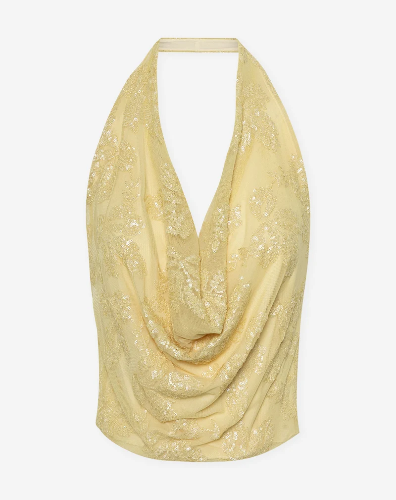 SEQUINS LEAF HALTER TOP BOTERGEEL