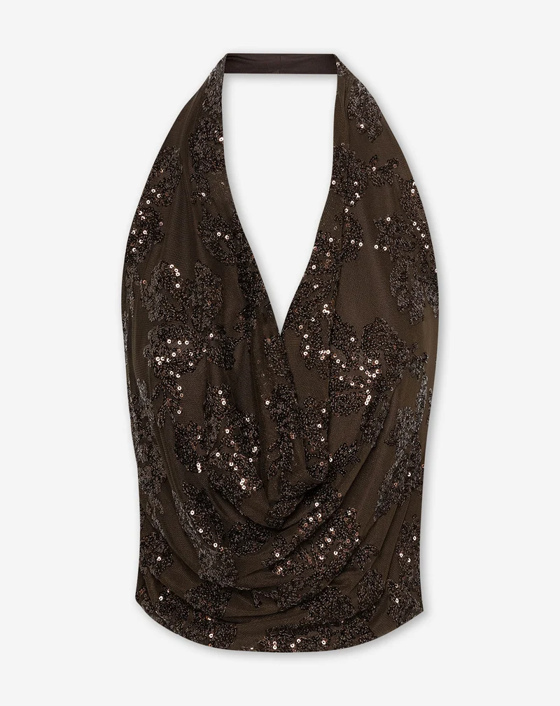 SEQUINS LEAF HALTER TOP BRUIN