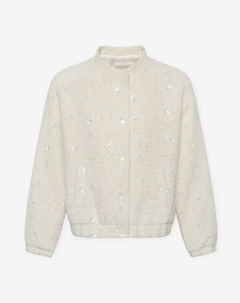 FLOWER SEQUIN BOUCLE BOMBER JACKET CRÈME