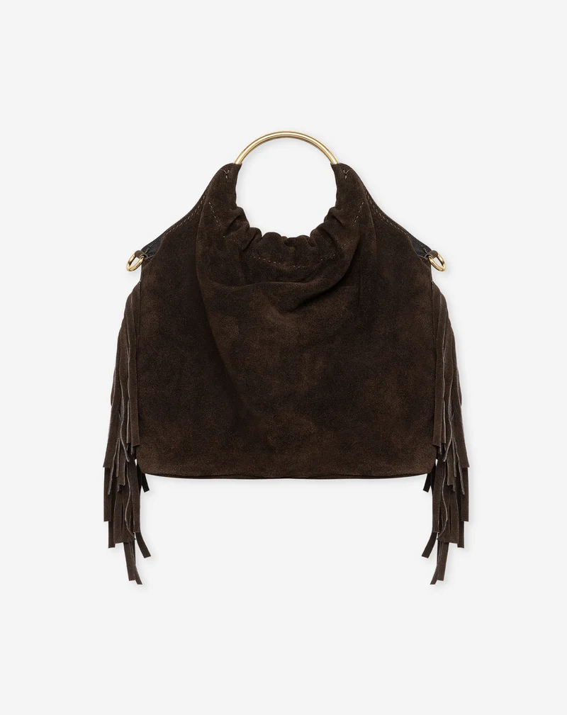 FRINGE SUEDE RING HANDLE BAG DONKERBRUIN