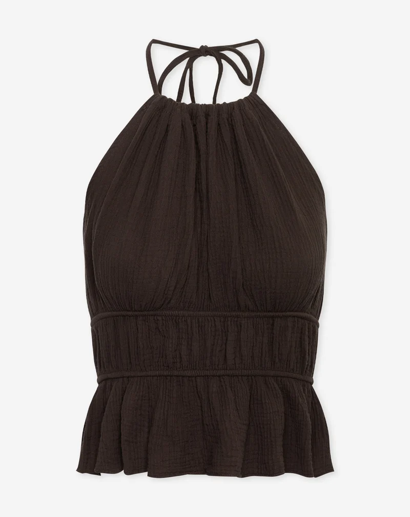 MOUSSELINE HALTER TOP DONKERBRUIN
