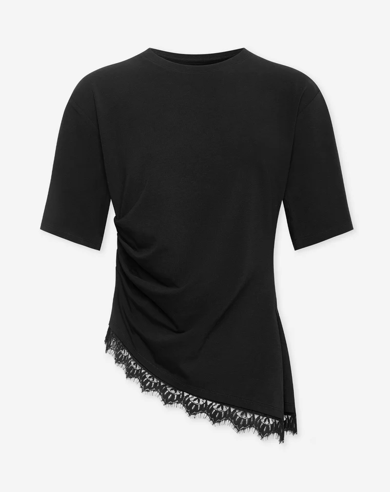 PLEATED LACE BOTTOM SHORT SLEEVE TOP ZWART