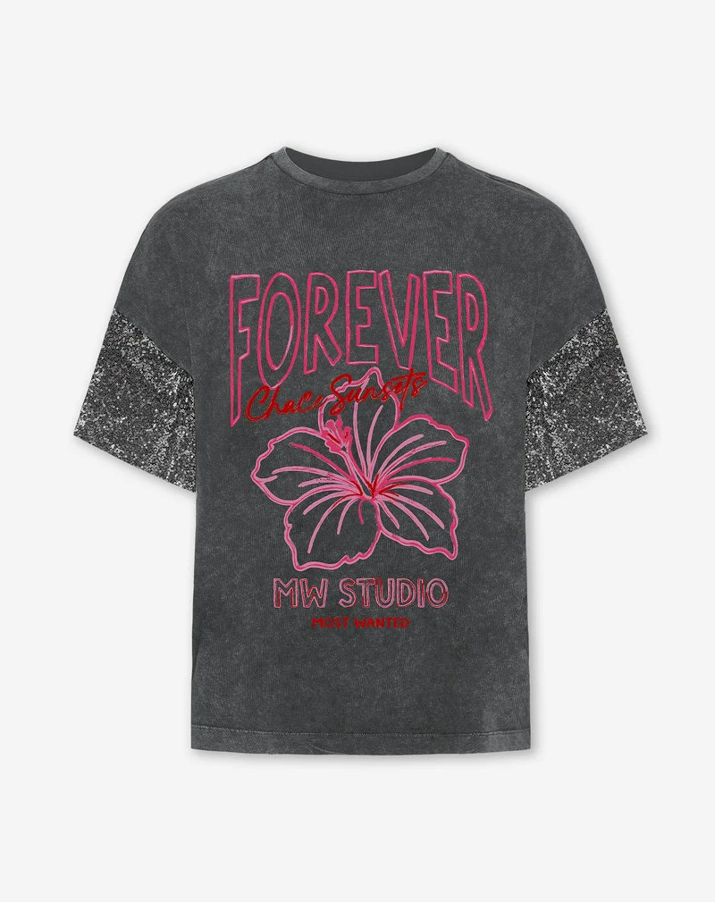 FOREVER SEQUIN SLEEVE OVERSIZED TEE ACID GRIJS