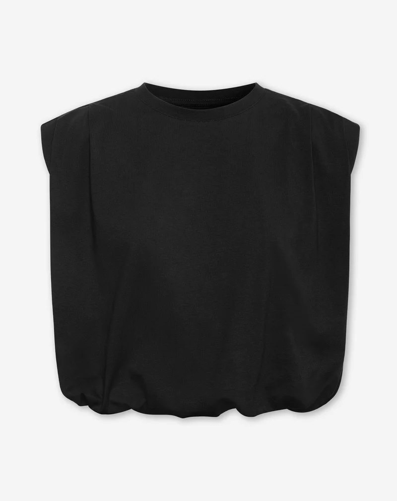 PADDED SHOULDER BUBBLE HEM TEE ZWART