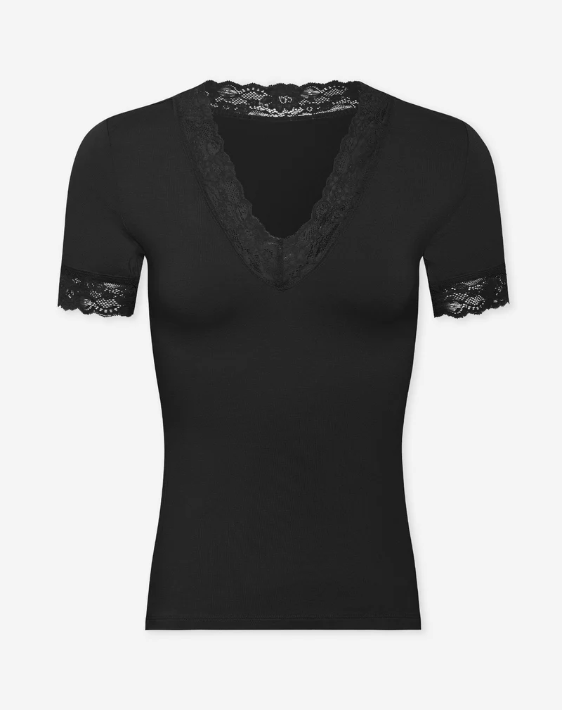 LACE VNECK SHORT SLEEVE TOP ZWART