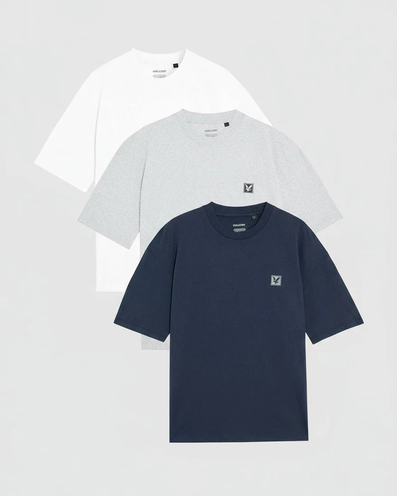 Lyle & Scott Set van 3 comfortabele T-shirts voor heren | Wit/ Lichtgrijs gemêleerd/ Marineblauw