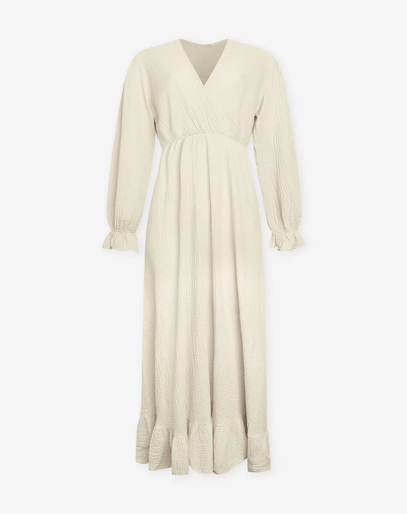 MOUSSELINE MAXI RUFFLE DRESS ZAND