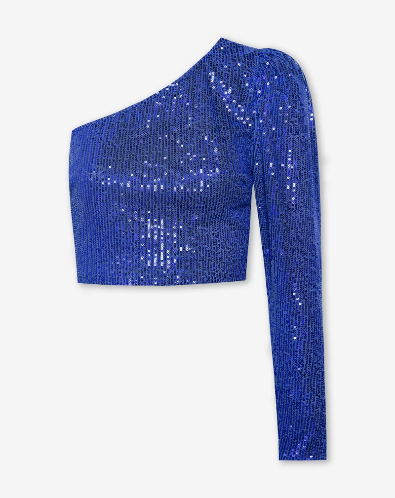 SEQUINS ONE SHOULDER TOP KOBALTBLAUW