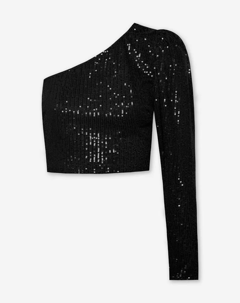 SEQUINS ONE SHOULDER TOP ZWART
