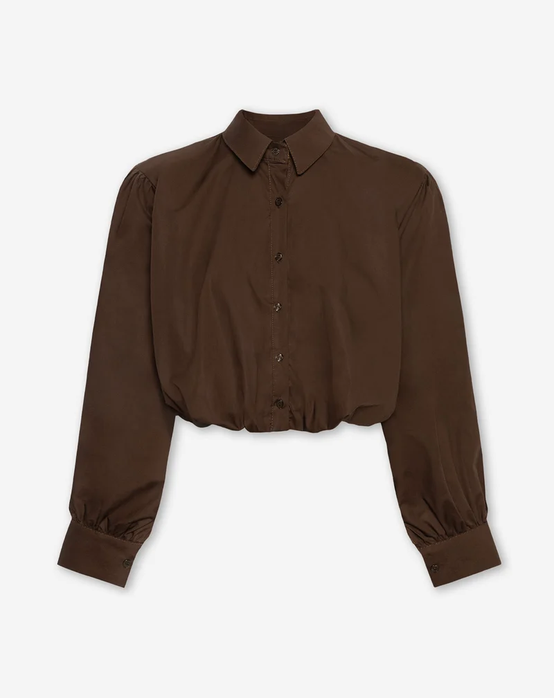 BUBBLE HEM POPLIN BLOUSE BRUIN
