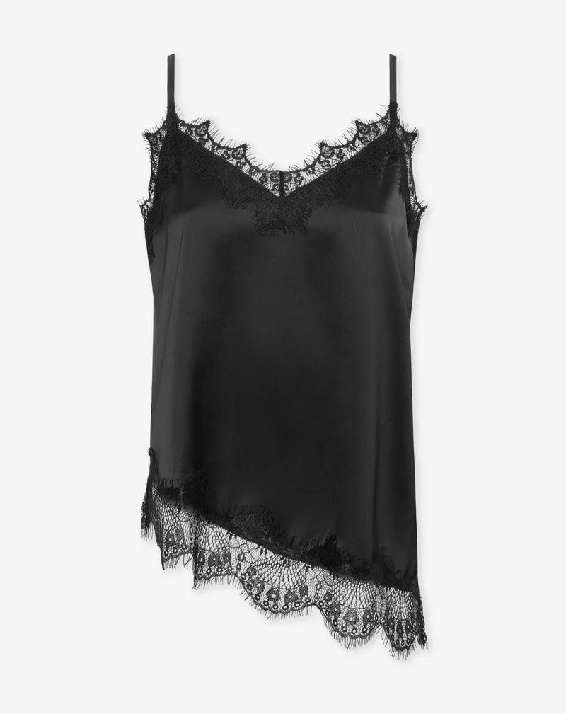 ASYMMETRIC SATIN LACE CAMI TOP ZWART
