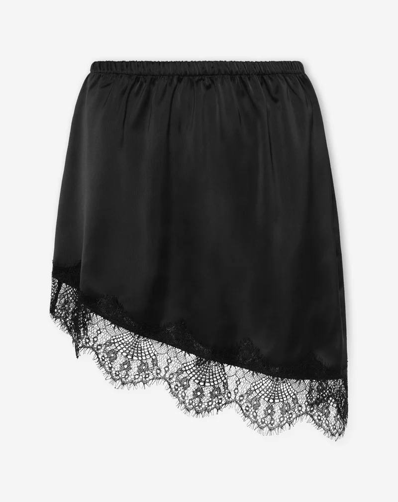 ASYMMETRIC SATIN LACE SKIRT ZWART