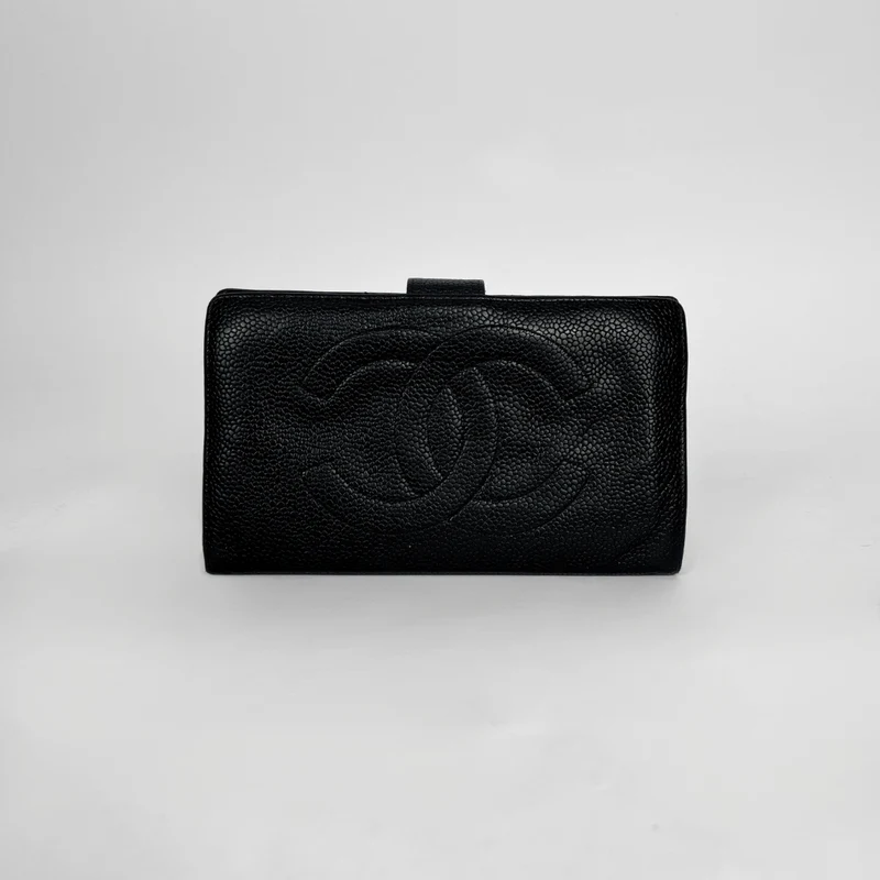 Chanel CC Franse lange portemonnee van zwart kaviaarleer