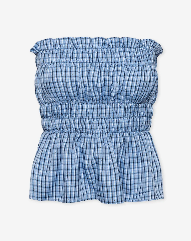 MAVIE CHECK STRAPLESS TOP BLAUW
