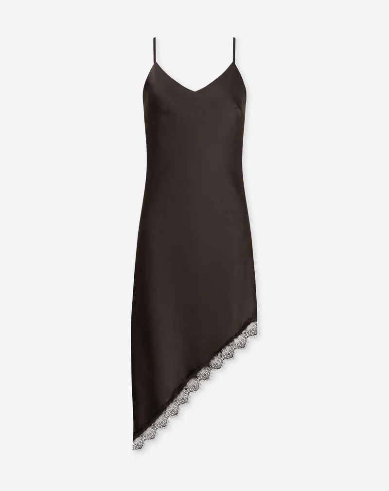 ASYMMETRIC SATIN LACE CAMI DRESS DONKERBRUIN