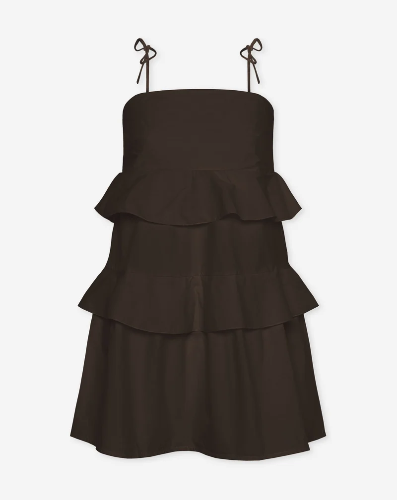 ROAMY POPLIN RUFFLE DRESS BRUIN
