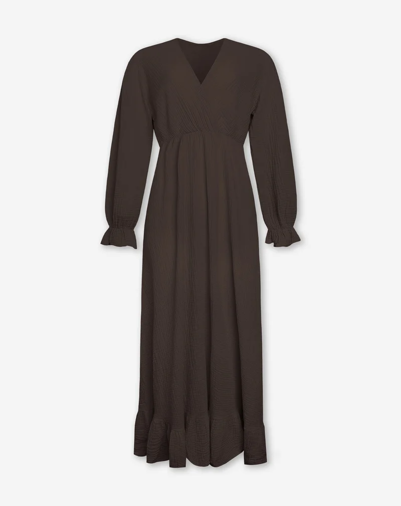 MOUSSELINE MAXI RUFFLE DRESS BRUIN