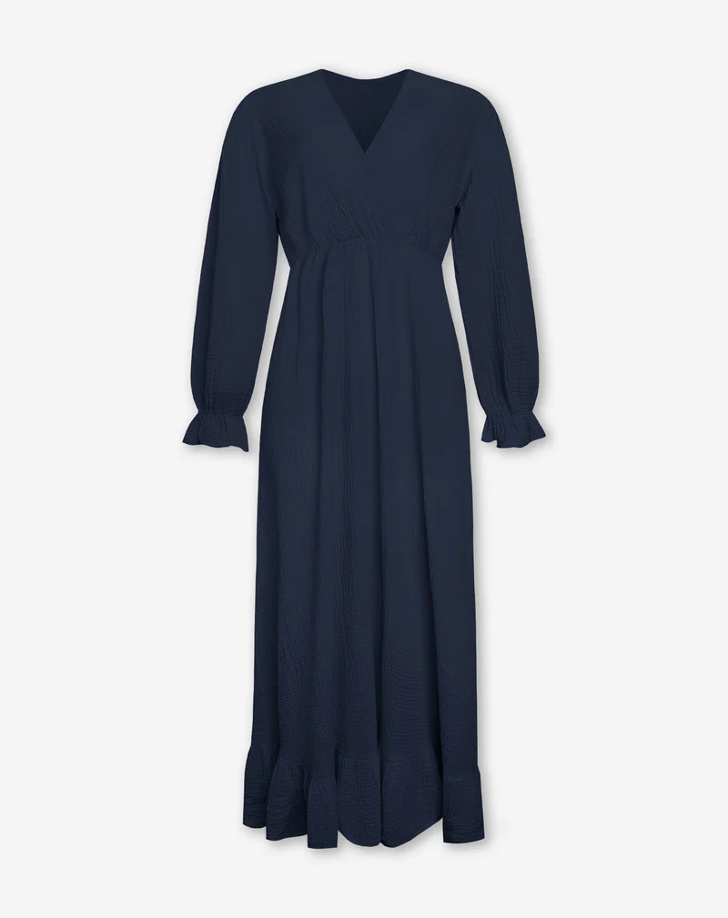 MOUSSELINE MAXI RUFFLE DRESS MARINEBLAUW