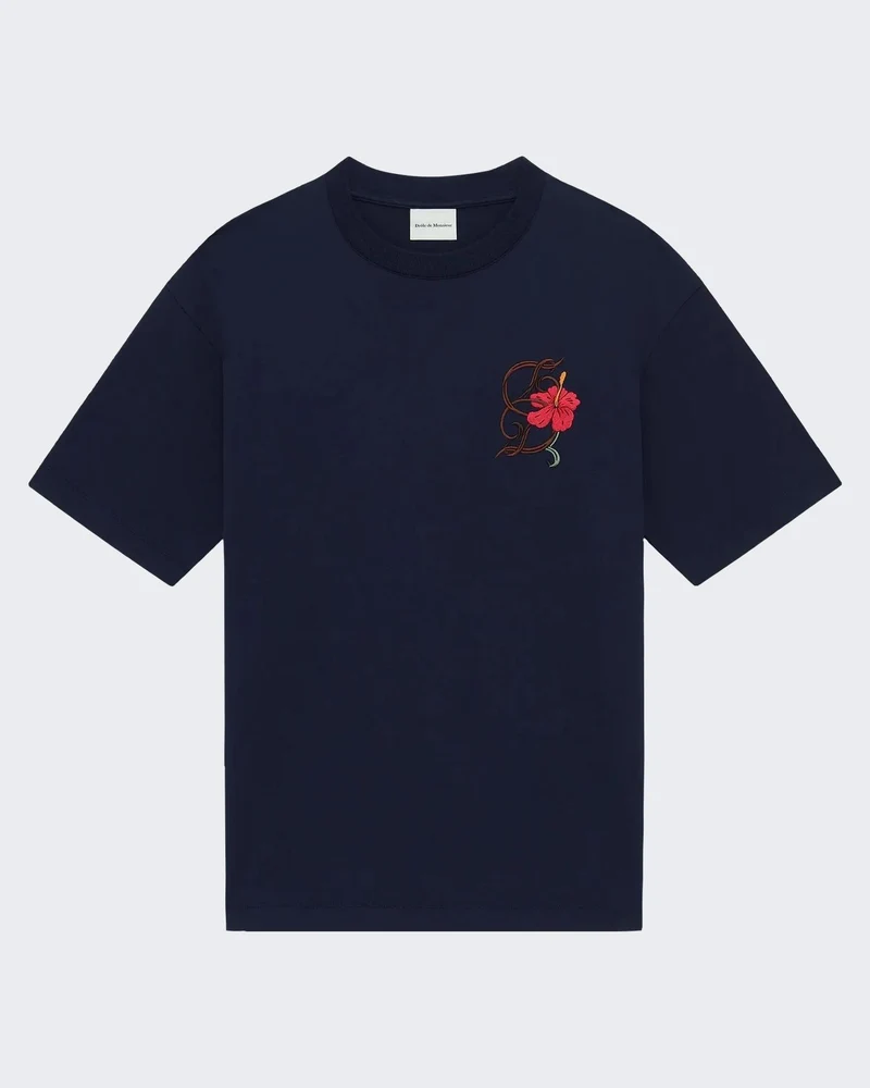 Heren Hibiscus Brodée T-Shirt Blauw