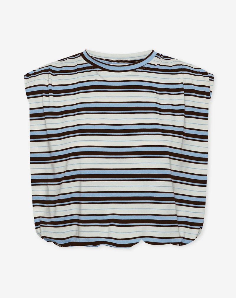 STRIPE PADDED SHOULDER BUBBLE HEM TEE BLAUW