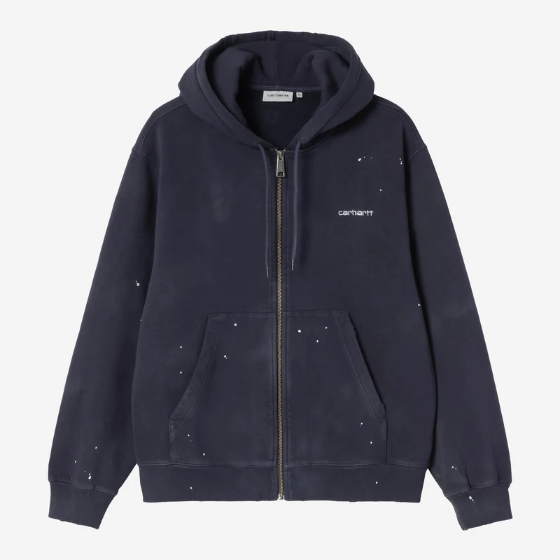 Carhartt WIP Herenjas met capuchon | Donkerblauw met 'destroy wash'-effect en spetters