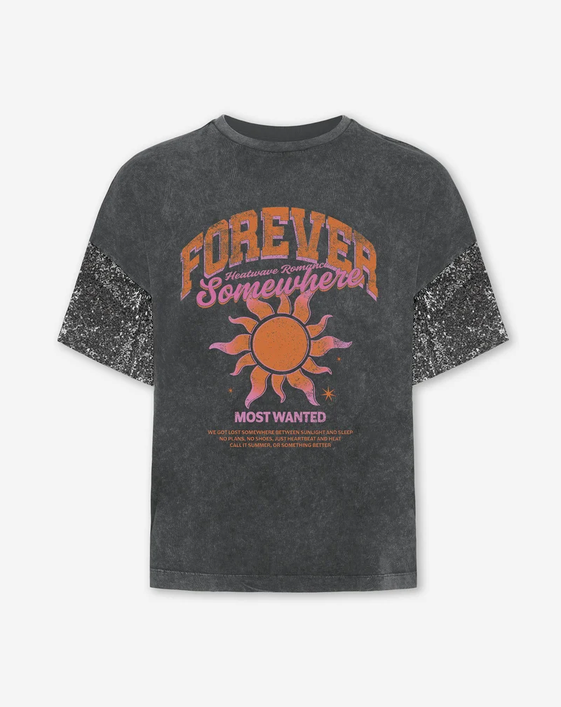 SOMEWHERE SEQUIN SLEEVE TEE ACID GRIJS