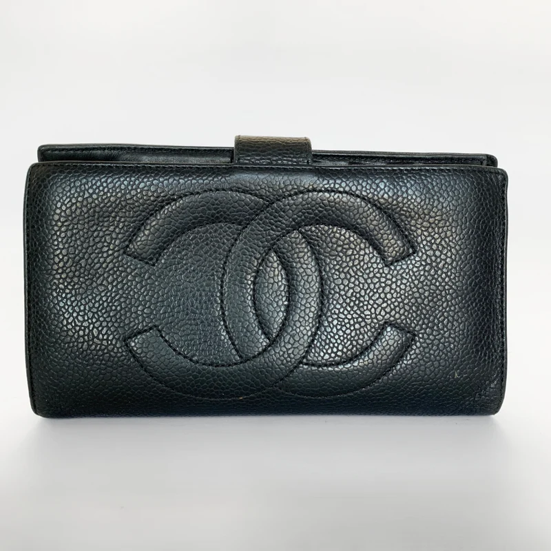 Chanel Caviar CC Franse lange portemonnee in zwart