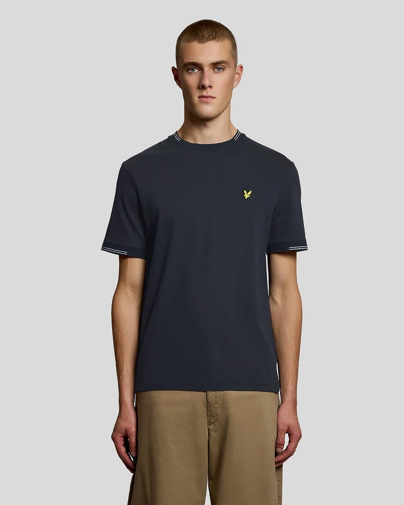 Lyle & Scott T-shirt voor heren met fijne boord | Donker marineblauw krijt