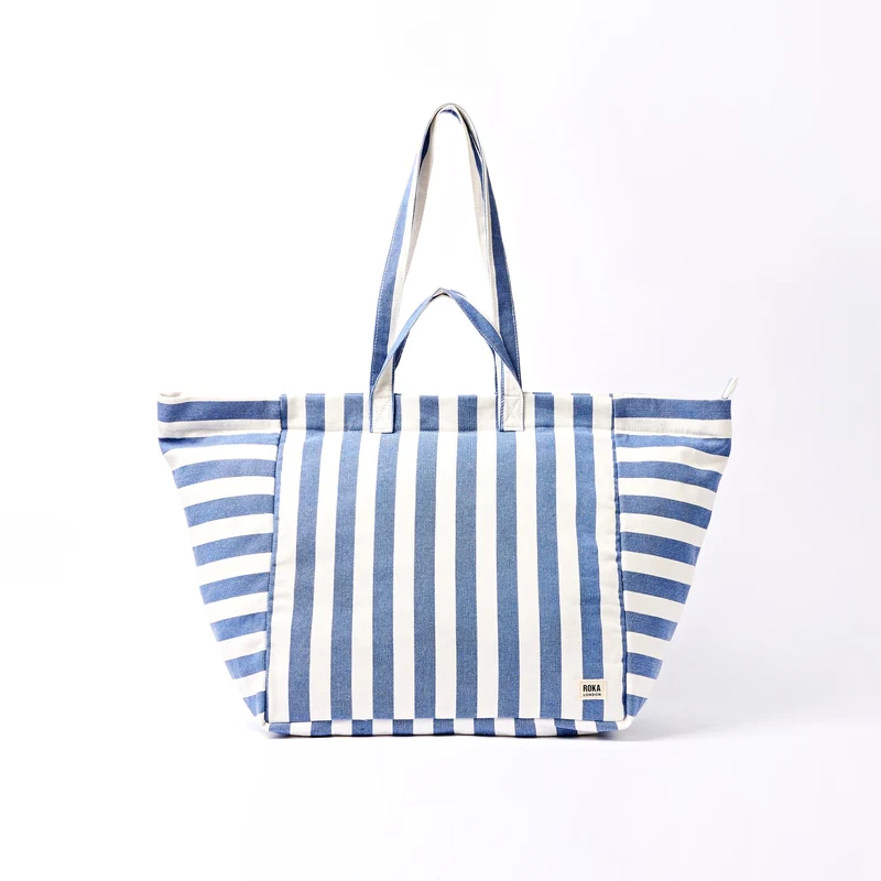 ROKA Grote katoenen canvas draagtas in Marylebone-stijl | Denim gestreept