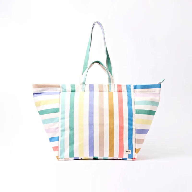 ROKA Grote katoenen canvas draagtas in Marylebone-stijl | Pastelkleurige multi-streep