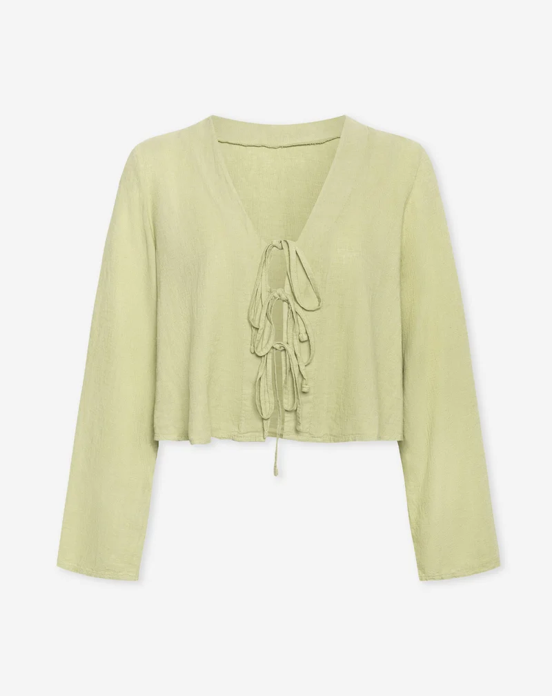 CARMEN LINEN BOW TOP LICHT OLIJFGROEN