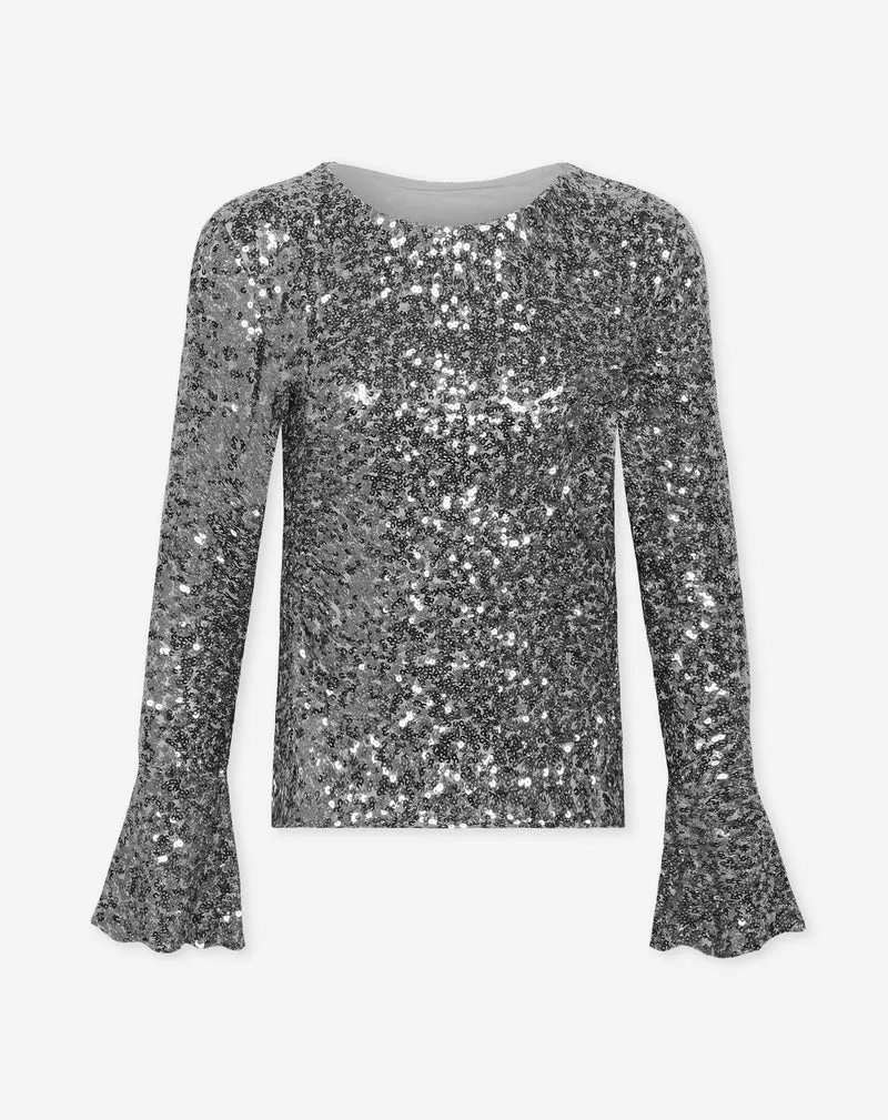ROBBIN SEQUINS FLARE SLEEVE TOP ZILVER