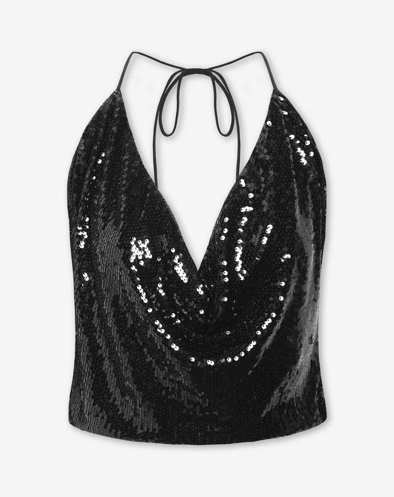 SEQUINS STRAPPY HALTER TOP ZWART